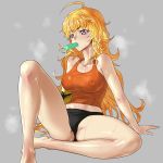  ahoge belly_peek black_panties blonde_hair breasts commentary_request covered_nipples don_(rg06268) dripping food grey_background highres hot knee_up large_breasts long_hair mouth_hold navel no_pants orange_shirt panties popsicle prosthesis prosthetic_arm purple_eyes rwby see-through shiny shiny_hair shiny_skin shirt simple_background solo steaming_body sweat tank_top underwear wavy_hair wet wet_clothes yang_xiao_long 