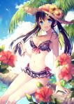  :d arm_support bangs bare_shoulders bikini black_bikini black_hair blue_eyes blue_sky blurry blurry_foreground blush breasts cleavage cloud cloudy_sky collarbone commentary_request day depth_of_field earrings fingernails flower goma_(11zihisin) hair_between_eyes hand_up hat hat_flower horizon in_tree jewelry long_hair medium_breasts navel ocean open_mouth original outdoors palm_tree polka_dot polka_dot_bikini red_flower round_teeth sky smile solo straw_hat swimsuit teeth tree tree_branch twintails upper_teeth very_long_hair water yellow_flower 