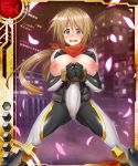  1girl areolae armor asahi bangs blonde_hair blurry blush bodysuit breasts breasts_outside brown_eyes card_(medium) chains city cleavage curvy depth_of_field embarrassed erection erection_under_clothes eyebrows_visible_through_hair futanari huge_breasts large_breasts lilith-soft long_hair looking_at_viewer moaning nipples open_mouth petals pose puffy_nipples scared scarf separated_legs shiny shiny_skin solo spread_legs standing stocks taimanin_(series) taimanin_asagi taimanin_asagi_battle_arena taimanin_asagi_battle_arena_all_card_gallery tears utashima_mugi 