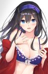  anza_tomo bikini black_hair blue_bikini blue_eyes blush breasts cape cleavage collarbone commentary_request eyebrows_visible_through_hair hair_between_eyes hairband hands_on_own_chest highres idolmaster idolmaster_cinderella_girls jewelry large_breasts long_hair looking_at_viewer necklace red_cape sagisawa_fumika simple_background smile solo swimsuit upper_body 