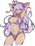  armpits arms_up bare_shoulders bb_(fate)_(all) bb_(swimsuit_mooncancer)_(fate) bikini breasts commentary_request dark_skin enpe fate/grand_order fate_(series) gyaru hairband highres large_breasts long_hair navel open_mouth purple_eyes purple_hair solo swimsuit very_long_hair 