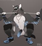  anthro balls canine crouching exercise flaccid hat humanoid_penis jewelry male mammal muscular muscular_male nasusbot necklace pecs penis solo sweat thick_thighs weightlifting workout 