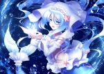  blue_background breasts cleavage detached_sleeves gen_7_pokemon hairband hands_up light_blue_hair long_hair medium_breasts mermaid midriff monster_girl music personification pokemon primarina singing starfish_hair_ornament thistle_lapis water_drop 