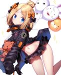  abigail_williams_(fate/grand_order) balloon bangs bikini bikini_bottom bikini_under_clothes black_bikini_bottom black_bow black_jacket blonde_hair blue_eyes blush bow closed_mouth commentary_request crossed_bandaids eyebrows_visible_through_hair fate/grand_order fate_(series) fou_(fate/grand_order) hair_bow hair_bun head_tilt heroic_spirit_traveling_outfit highres jacket long_hair long_sleeves looking_at_viewer medjed navel open_clothes open_jacket orange_bow parted_bangs polka_dot polka_dot_bow sasai_saji simple_background sleeves_past_fingers sleeves_past_wrists solo sparkle stuffed_animal stuffed_toy swimsuit teddy_bear twitter_username white_background 