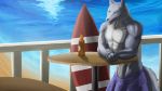  anthro bottle bulge canid canine clothed clothing fur male mammal muscular muscular_male outside solo standing surfboard topless zex 