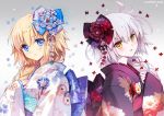  ahoge blonde_hair blue_eyes braid carnelian eyebrows_visible_through_hair fate/grand_order fate_(series) floral_print flower hair_flower hair_ornament japanese_clothes jeanne_d'arc_(alter)_(fate) jeanne_d'arc_(fate) jeanne_d'arc_(fate)_(all) kimono long_braid long_hair looking_at_viewer multiple_girls obi sash silver_hair single_braid smile very_long_hair wide_sleeves yellow_eyes 