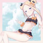  abigail_williams_(fate/grand_order) bangs bare_shoulders bbci bikini black_bikini blonde_hair blue_eyes blue_sky blush bow closed_mouth cloud cloudy_sky commentary day double_bun emerald_float fate/grand_order fate_(series) groin hair_bow hand_up head_tilt highres long_hair looking_at_viewer navel orange_bow parted_bangs polka_dot polka_dot_bow side_bun sidelocks sitting sky smile solo swimsuit very_long_hair 