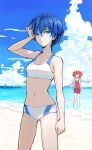  ^_^ adjusting_hair akuma_no_riddle arm_at_side arm_up ass_visible_through_thighs azuma_tokaku bangs beach bike_shorts bikini blue_bikini blue_eyes blue_hair blue_jacket blue_sky breasts closed_eyes closed_mouth cloud collarbone colored_eyelashes cowboy_shot day dripping expressionless full_body hair_between_eyes hand_in_hair hand_on_own_head happy hips hood hood_down hooded_jacket horizon ichinose_haru jacket legs_apart long_sleeves looking_at_viewer medium_hair minakata_sunao mountainous_horizon multiple_girls navel ocean open_clothes open_jacket open_mouth outdoors outstretched_arms raglan_sleeves rash_guard red_hair shore short_hair sky slender_waist slim_legs small_breasts smile sports_bikini spread_arms standing swimsuit tomboy twintails wading water wet wet_hair white_jacket 