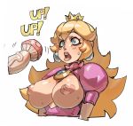 arms_at_sides blonde_hair blue_eyes breastless_clothes breasts breasts_outside brooch cropped_arms cropped_torso crown earrings eyebrows_visible_through_hair highres jewelry large_breasts lips long_hair maniacpaint mario_(series) mushroom nipples no_bra open_mouth penis_awe princess_peach puffy_short_sleeves puffy_sleeves sexually_suggestive short_sleeves sidelocks solo sound_effects super_mario_bros. sweat upper_body upper_teeth 