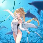  arm_up blonde_hair blue_eyes competition_swimsuit covered_navel cowboy_shot dolphin eyewear_on_head fate/grand_order fate_(series) highleg highleg_swimsuit highres hoop jacket jeanne_d'arc_(fate)_(all) jeanne_d'arc_(swimsuit_archer) long_hair looking_at_viewer one-piece_swimsuit open_clothes open_jacket shatte solo swimsuit whistle whistle_around_neck white_jacket white_swimsuit 