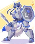  anthro blush canine diaper dog embarrassed holding_object holding_sword holding_weapon husky knight lilchu looking_at_viewer mammal melee_weapon sword weapon 