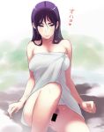  bare_shoulders breasts commentary_request e_keroron large_breasts long_hair looking_at_viewer naked_towel onsen original pubic_hair purple_hair sitting towel 