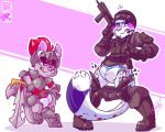  anthro assisted_exposure blush canine cheetah clothing diaper embarrassed feline knight lilchu male mammal pantsing soldier torn_clothing wolf 