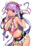  ;d armpits bangs bare_arms bare_shoulders bb_(fate)_(all) bb_(swimsuit_mooncancer)_(fate) bead_bracelet beads belt belt_buckle beltskirt bikini black_choker black_gloves black_shorts blush bracelet breasts buckle choker cleavage collarbone commentary_request cowboy_shot eyebrows_visible_through_hair fate/grand_order fate_(series) fingerless_gloves floating_hair garter_straps gloves gyaru hair_between_eyes hair_ribbon halter_top halterneck hands_up index_finger_raised jewelry large_breasts leaning_forward long_hair looking_at_viewer navel nayuta_(una) one_eye_closed open_fly open_mouth pink_bikini_bottom pink_eyes pink_ribbon purple_bikini purple_hair ribbon shiny shiny_hair short_shorts shorts sidelocks simple_background smile solo standing star star_choker stomach string_bikini swimsuit tan tanline upper_teeth very_long_hair white_background white_belt 