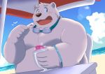  12beat13 2017 anthro beach bear belly blush food fur male mammal moobs overweight overweight_male polar_bear seaside shirane_kan sitting solo utau water white_fur 