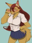  anthro big_breasts breasts brown_fur brown_hair canine cleavage clothed clothing digital_media_(artwork) female fluffy fur hair hi_res inner_ear_fluff long_hair looking_at_viewer mammal open_mouth paws red_eyes shirt simple_background skirt solo teeth toco_(artist) 