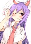  ;) animal_ears bangs blush breasts bunny_ears commentary_request dutch_angle hair_between_eyes hand_up heart karasusou_nano large_breasts long_hair looking_at_viewer necktie one_eye_closed pink_neckwear puffy_short_sleeves puffy_sleeves purple_hair red_eyes reisen_udongein_inaba shirt short_sleeves sidelocks simple_background smile solo touhou upper_body white_background white_shirt wing_collar 