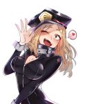  ;p black_bodysuit blonde_hair blush bodysuit boku_no_hero_academia breasts cleavage commentary hat hat_tip heart highres kidmukuro large_breasts long_hair looking_at_viewer one_eye_closed open_mouth police_hat smile solo thought_bubble tongue tongue_out unzipped utsushimi_kemii 