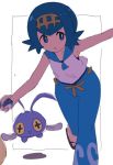  +_+ arm_up armpits black_eyes black_footwear blue_eyes blue_hair blue_pants blue_sailor_collar blue_swimsuit capri_pants collarbone creatures_(company) dive_ball game_freak hairband holding holding_poke_ball jpeg_artifacts leg_up looking_to_the_side matching_hair/eyes natsunagi_takaki nintendo one-piece_swimsuit open_mouth outstretched_arms pants poke_ball pokemon pokemon_(creature) pokemon_(game) pokemon_sm running sailor_collar sandals shirt short_hair simple_background sleeveless sleeveless_shirt smile suiren_(pokemon) swimsuit swimsuit_under_clothes white_background white_shirt yellow_hairband yellow_sclera 