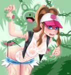  1girl ass baseball_cap blue_eyes brown_hair creatures_(company) game_freak gen_5_pokemon hat nintendo panties panty_pull pokemon pokemon_(game) pokemon_bw restrained reuniclus scorchingnova shirt shorts touko_(pokemon) underwear wet wet_clothes wet_shirt 