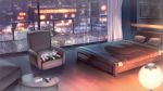  armchair bed bedroom blanket blurry blurry_foreground building cat chair city_lights comb curtains cushion depth_of_field hair_dye indoors lamp moonandmist night no_humans original photo_(object) pillow railing rain sleeping table white_cat window wooden_floor 
