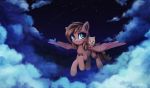  2018 absurd_res brown_hair canine cloud cloudscape cute cutie_mark dog duo equine eyebrows eyelashes fan_character feathered_wings feathers female feral flying grin hair hi_res hooves inowiseei kathrine_(oc) mammal my_little_pony night outside paws pegasus pet portrait riding sky smile spread_wings star starry_sky tan_feathers teal_eyes teeth tongue tongue_out wings 