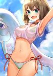 :d arm_up armpits bikini blush brown_hair cloud cloudy_sky commentary cowboy_shot day green_eyes hair_ornament highres inflatable_dolphin inflatable_toy kantai_collection maya_(kantai_collection) navel okitsugu open_mouth shirt side-tie_bikini sky smile solo swimsuit wet wet_clothes wet_shirt x_hair_ornament 