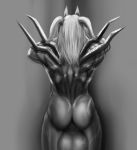  ambiguous_species backsack balls big_balls butt demon greyscale hair horn horned_humanoid male monochrome muscular muscular_male not_furry rear_view solo standing zex 