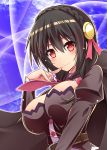  arui_ryou belt black_hair blue_background braid breasts cape cleavage finger_to_mouth hair_ornament kono_subarashii_sekai_ni_shukufuku_wo! large_breasts long_sleeves looking_at_viewer puffy_long_sleeves puffy_sleeves red_eyes shirt short_hair smile solo upper_body yunyun_(konosuba) 