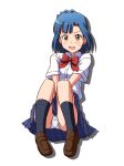  asymmetrical_bangs bangs black_legwear blue_hair blue_skirt blush bow bowtie brown_footwear commentary_request crotch_seam dress_shirt eyebrows_visible_through_hair frown full_body idolmaster idolmaster_million_live! invisible_chair lielos loafers looking_at_viewer miniskirt nanao_yuriko open_mouth panties pantyshot pantyshot_(sitting) plaid plaid_skirt pleated_skirt red_neckwear school_uniform shirt shoes short_hair silhouette simple_background sitting skirt socks solo sweatdrop underwear v_arms white_background white_shirt yellow_eyes 