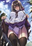 2016 :d ass_visible_through_thighs bangs black_legwear blue_sky blush breasts brown_hair buttons cameltoe cloud cloudy_sky comic_exe dated day eyebrows_visible_through_hair fingernails flashing foreshortening from_below garter_belt hair_ornament hair_scrunchie highres lace lace-trimmed_panties lifted_by_self long_hair long_sleeves looking_at_viewer medium_breasts open_mouth original panties piromizu purple_eyes scrunchie shirt sidelocks skirt skirt_lift sky smile solo sweat thighhighs thighs tree underwear very_long_hair white_panties white_shirt 