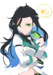  1girl ? arm_strap black_hair black_shirt blue_hair breasts girls_frontline gloves gradient_hair green_eyes green_lips heart long_hair multicolored_hair navel python_(girls_frontline) shirt smile solo teeth tie upper_body wavy_hair white_background white_neckwear 