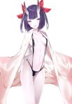  :d absurdres ass_visible_through_thighs bangs black_swimsuit blush bow breasts collarbone commentary_request covered_nipples fangs fate/grand_order fate_(series) hair_bow head_tilt highres horns looking_at_viewer medium_breasts navel oni oni_horns open_mouth purple_eyes purple_hair red_bow short_hair shuten_douji_(fate/grand_order) silver_(chenwen) simple_background slingshot_swimsuit smile solo standing swimsuit thick_eyebrows thigh_gap white_background 