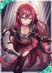  akkijin blue_eyes boots breasts card_(medium) chain cleavage frilled_skirt frills holding holding_weapon indoors key lock long_hair looking_at_viewer miniskirt official_art red_hair shinkai_no_valkyrie skirt small_breasts sunlight thighhighs very_long_hair weapon whip window 