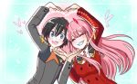  1boy 1girl black_hair blue_eyes breasts couple darling_in_the_franxx eyebrows_visible_through_hair eyes_closed fringe hiro_(darling_in_the_franxx) large_breasts long_hair long_sleeves military military_uniform necktie orange_neckwear pink_hair pride-kun short_hair uniform zero_two_(darling_in_the_franxx) 