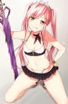  :p absurdres arm_up bare_arms bare_shoulders bikini black_choker black_skirt blush breasts brown_eyes choker closed_mouth collarbone commentary_request derori fate/grand_order fate_(series) head_tilt highres holding long_hair looking_at_viewer medb_(fate)_(all) medb_(swimsuit_saber)_(fate) medium_breasts microskirt navel o-ring o-ring_bikini o-ring_bottom pink_hair pleated_skirt sandals skirt smile solo sparkle squatting swimsuit tiara tongue tongue_out twintails very_long_hair white_bikini 