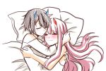  1boy 1girl bed_sheet black_hair couple darling_in_the_franxx eyes_closed hiro_(darling_in_the_franxx) horns hug long_hair oni_horns pillow pink_hair pride-kun red_horns short_hair sleeping zero_two_(darling_in_the_franxx) 