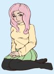  alternate_species blue_background bobdirt clothing female fluttershy_(mlp) friendship_is_magic human human_only humanized leggings legwear mammal my_little_pony not_furry shy simple_background skirt solo stockings sweater 