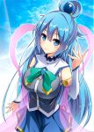  aqua_(konosuba) arui_ryou blue_eyes blue_hair blush breasts commentary_request gold_trim hagoromo hair_ornament kono_subarashii_sekai_ni_shukufuku_wo! large_breasts long_hair ribbon shawl skirt smile solo 