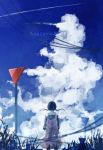  amenomori_howa asahina_hiyori blue_hair blue_sky cloud commentary_request copyright_name day dress from_behind highres kagerou_project power_lines sign sky solo stop_sign twintails 
