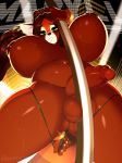  2018 3mangos anthro areola balls belly big_breasts breasts brown_hair clothing dancing dickgirl green_eyes hair hi_res huge_breasts humanoid_penis intersex looking_at_viewer mammal maryll navel navel_piercing nipples penis piercing pole pole_dancing red_panda slightly_chubby smile solo thick_thighs thong underwear 