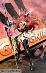  amou_kanade bodysuit breasts cleavage commentary_request grin hair_between_eyes headphones large_breasts link_(aa30) long_hair navel red_eyes red_hair senki_zesshou_symphogear senki_zesshou_symphogear_xd_unlimited smile solo twitter_username weapon 