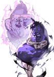  absurdres black_hair closed_mouth commentary crossed_arms eggplant glowing glowing_eye highres jojo_no_kimyou_na_bouken jojo_pose legs_together looking_at_viewer male_focus mamuru manly muscle open_mouth original parody pose pun sketch smile sparkle stand_(jojo) 
