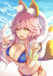  ;d animal_ear_fluff animal_ears bangs bikini blue_bikini blurry blurry_background breasts cleavage commentary_request day depth_of_field eyebrows_visible_through_hair fang fate/grand_order fate_(series) fingernails fox_ears fox_girl fox_shadow_puppet fox_tail hair_between_eyes hands_up large_breasts long_hair navel one_eye_closed open_mouth outdoors pink_hair shintou side-tie_bikini smile solo standing swimsuit tail tail_raised tamamo_(fate)_(all) tamamo_no_mae_(swimsuit_lancer)_(fate) water yellow_eyes 