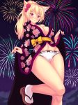  animal_ear_fluff animal_ears blonde_hair blush breasts cameltoe cat_ears cleavage clothes_lift eyebrows_visible_through_hair fast-runner-2024 fireworks floral_print flower hair_flower hair_ornament highres japanese_clothes kimono kimono_lift large_breasts lifted_by_self long_hair looking_at_viewer navel night original panties ponytail red_eyes sandals sash smile socks solo standing standing_on_one_leg tiffy underwear white_panties yukata yukata_lift 