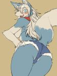  anthro blue_eyes blue_fur breasts butt canine clothing digital_media_(artwork) fangs female fluffy fur hair hi_res inner_ear_fluff long_hair looking_at_viewer looking_back mammal multicolored_fur open_mouth shorts side_boob simple_background smile solo standing tan_fur tan_hair toco_(artist) two_tone_fur 