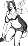  anthro black_hair bra breasts canine cleavage clothed clothing digital_media_(artwork) fangs female fluffy hair hi_res japanese_text long_hair looking_at_viewer mammal melee_weapon monochrome navel open_mouth paws shorts simple_background smile solo standing sword teeth text toco_(artist) tongue translation_request underwear waving weapon white_background 