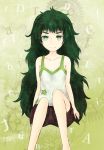  1girl artist_request bangs black_hair eyebrows green_eyes hiyajou_maho long_hair looking_at_viewer shorts smile steins;gate steins;gate_0 tank_top very_long_hair 