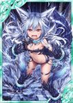  akkijin animal_ears armpits bare_shoulders black_background blue_hair breasts broken broken_chain card_(medium) chain claws cleavage collar frown glowing glowing_eyes ice official_art paws rage_face red_eyes ribbon serious shinkai_no_valkyrie small_breasts squall_(shinkai_no_valkyrie) tail thigh_ribbon wolf_ears wolf_tail 