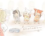  alpaca_ears alpaca_suri_(kemono_friends) alternate_costume animal_ears apron bangs bike_shorts bird_tail bird_wings black-headed_ibis_(kemono_friends) black_hair blush braid child commentary common_raccoon_(kemono_friends) dress exercise eyebrows_visible_through_hair hair_bun hand_on_hip head_wings japanese_crested_ibis_(kemono_friends) kemono_friends moeki_(moeki0329) multicolored_hair multiple_girls music musical_note nose_blush pleated_skirt puffy_short_sleeves puffy_sleeves radio radio_exercises red_hair scarlet_ibis_(kemono_friends) shirt short_hair short_sleeves sidelocks skirt t-shirt translated twin_braids twintails white_hair wings 